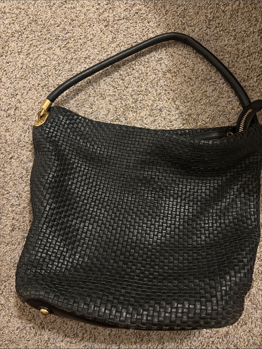 Cole Haan Black Woven Leather Shoulder Bag with Gold Hardware